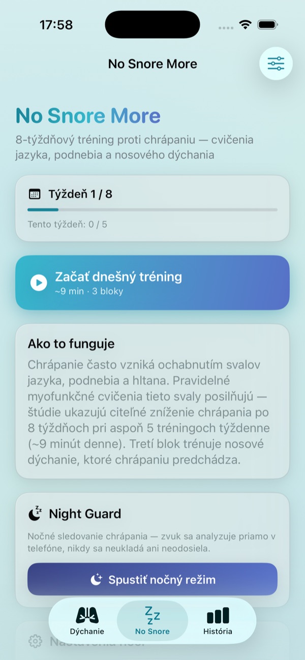 Breathune — záložka Chrápanie