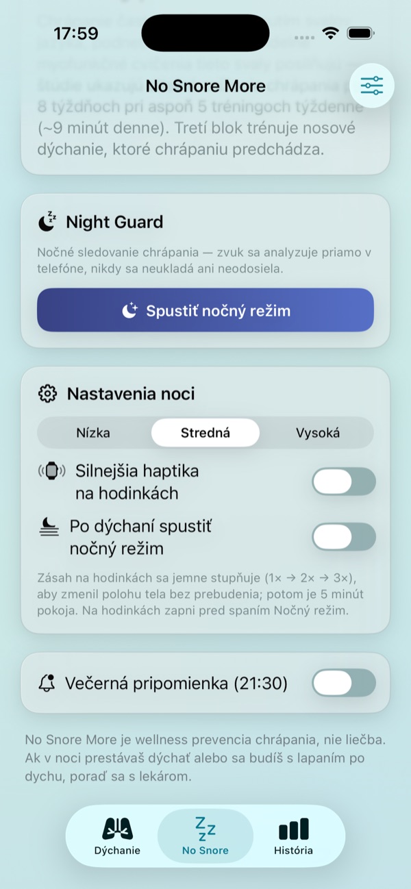 Breathune — nočný režim